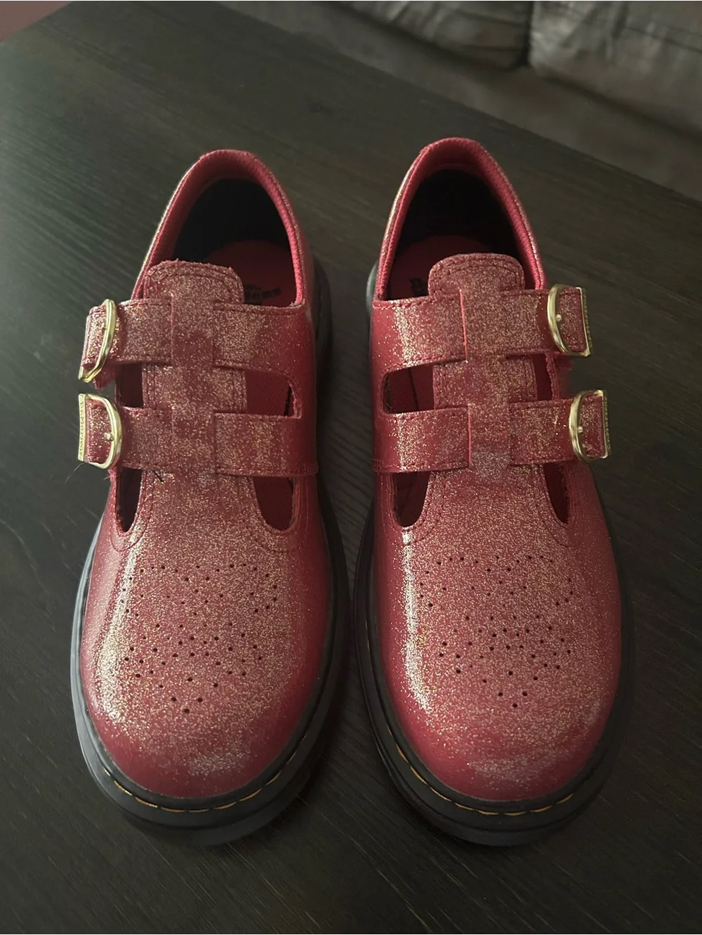 Dr. Martens Women’s 8065 Mary Jane Double Buckle Shoes in Fuchsia Glitter Finish
